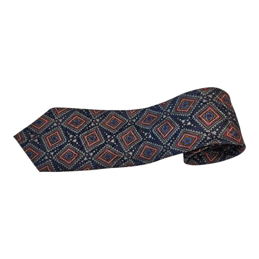 CHRISTIAN DIOR Men Neck Tie Navy Red Blue Brown Medallion Pattern 100% Silk USA